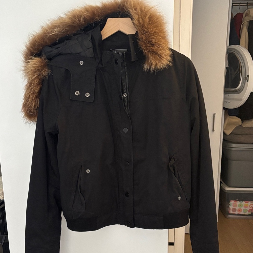 Vince Black Bomber Jacket with Fur Hood Trim